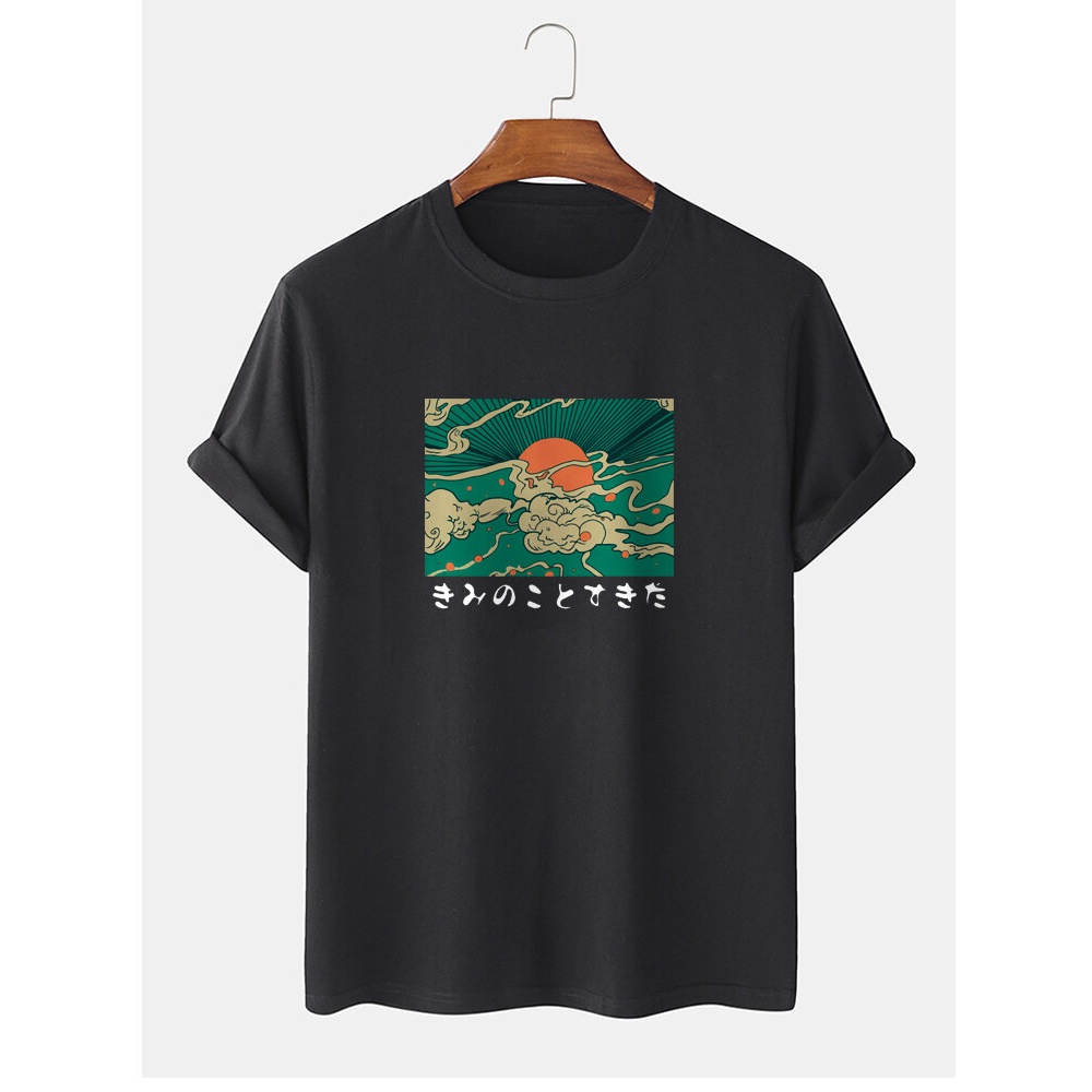 Mens 100% Cotton Ukiyoe Print Round Neck Short Sleeve T-Shirts - Black S