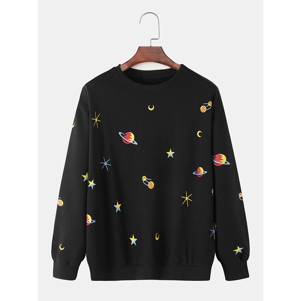 Mens Cotton Cartoon Star & Planet Print Pullover Long Sleeve Simple Sweatshirts - Black XL