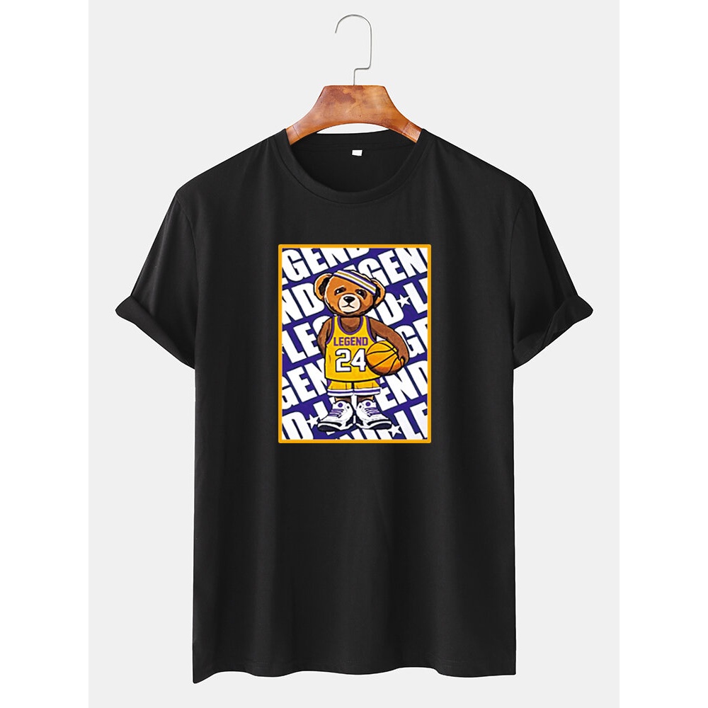 Mens Basketball Bear Graphic Print Loose O-Neck Short Sleeve T-Shirt - Black S