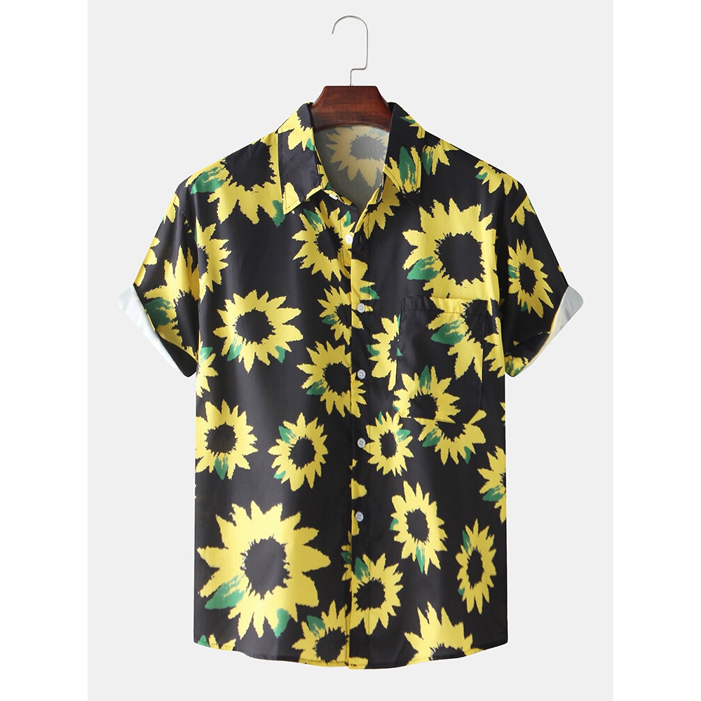 Mens Funny Sunflower Printing Breathable Cartoon Casual Shirts - Black M