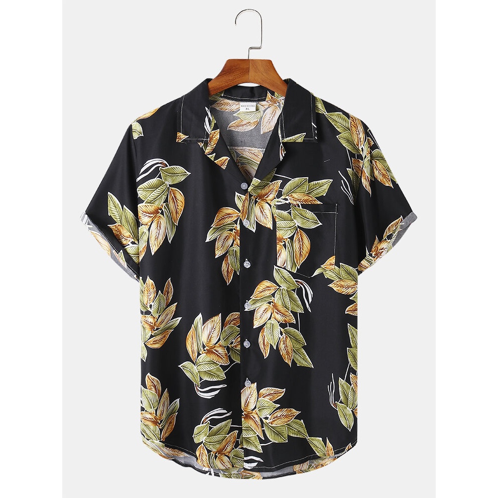 Mens Cotton Leaf Print Revere Collar Short Sleeve Shirt - Black M