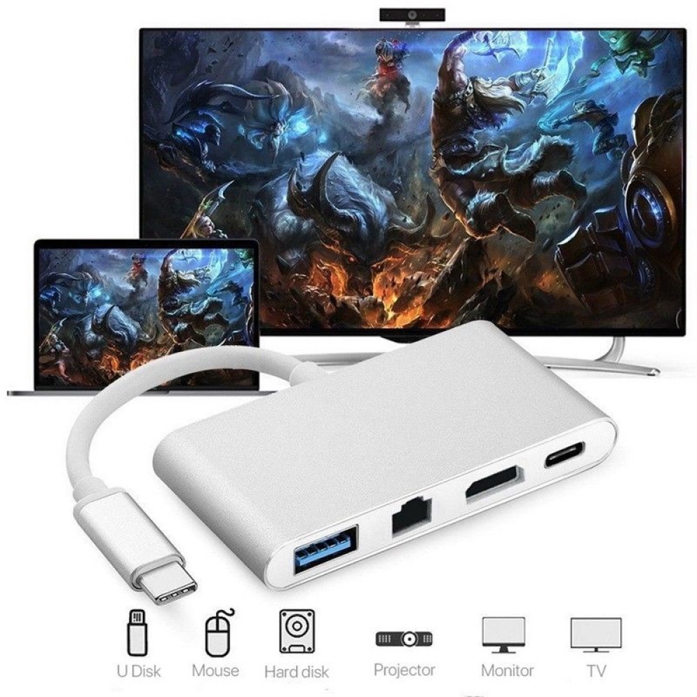 USB C to HDMI 4K+ RJ45 Gigabit Ethernet+ 3.1 Type Hub Adapte Silver