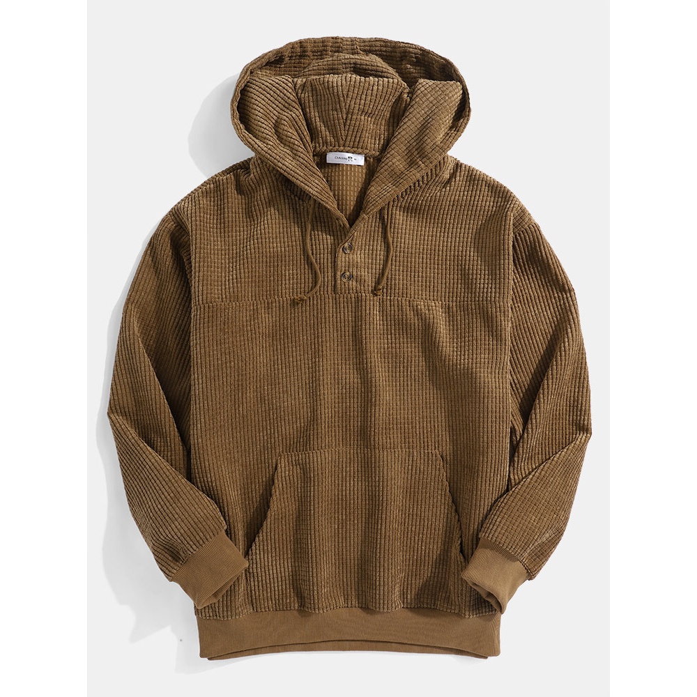 Mens Solid Color Texture Half Button Front Long Sleeve Hoodies With Pocket - S Yellow