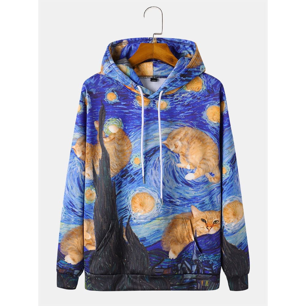 Mens All Over Cat Painting Print Drawstring Pullover Hoodies With Pouch Pocket - Blue M