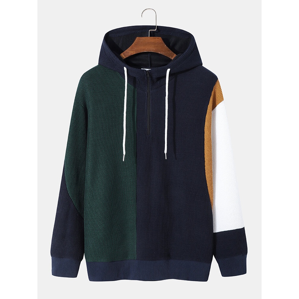 Mens Preppy Style Color Block Half-Zip Hooded Sweatshirt - Blue S