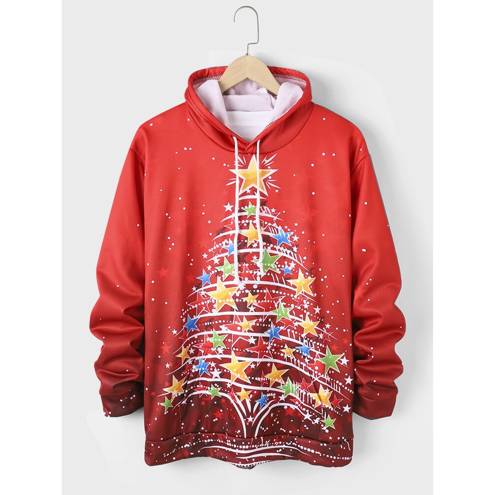 Mens Stars  Tree Print Drawstring Hoodies With Pouch Pocket - Red M
