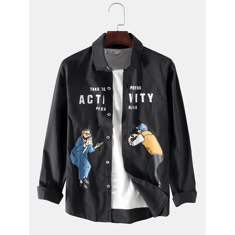 Mens Casual Figure Battle Cartoon Letter Print Long Sleeve Shirts - White L