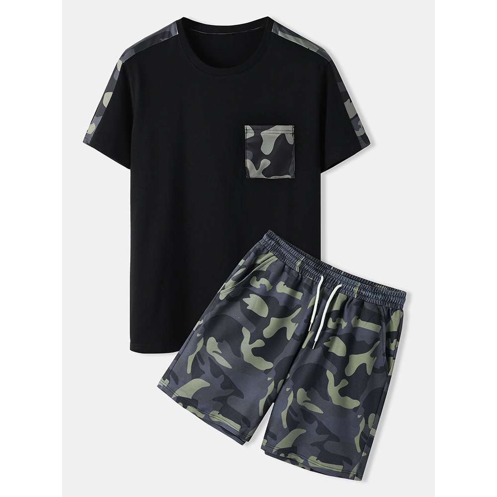Mens Camo Print Sets Short Sleeve Drawstring Shorts Casual Two Pieces - Black XS