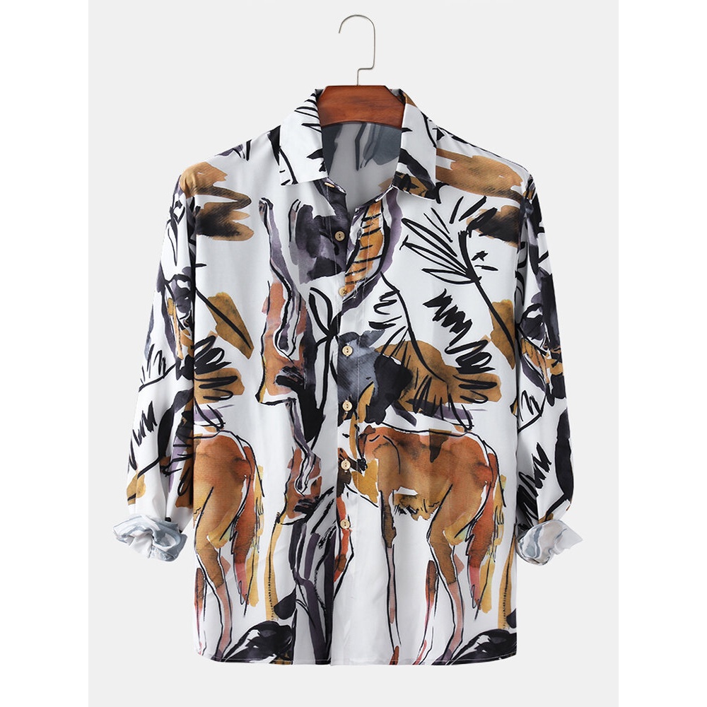 Mens Hand-Painted Abstract Animal Print Light Long Sleeve Shirts - White XL