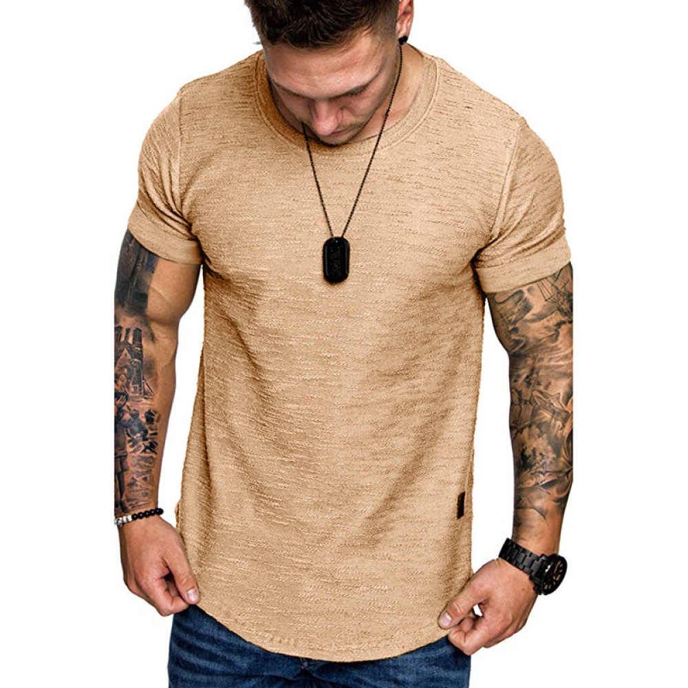 Summer Solid Color Leather Label Design Round Neck Men's Short-sleeved T-shirt Outdoor Sport Clothing - White S - Image 2