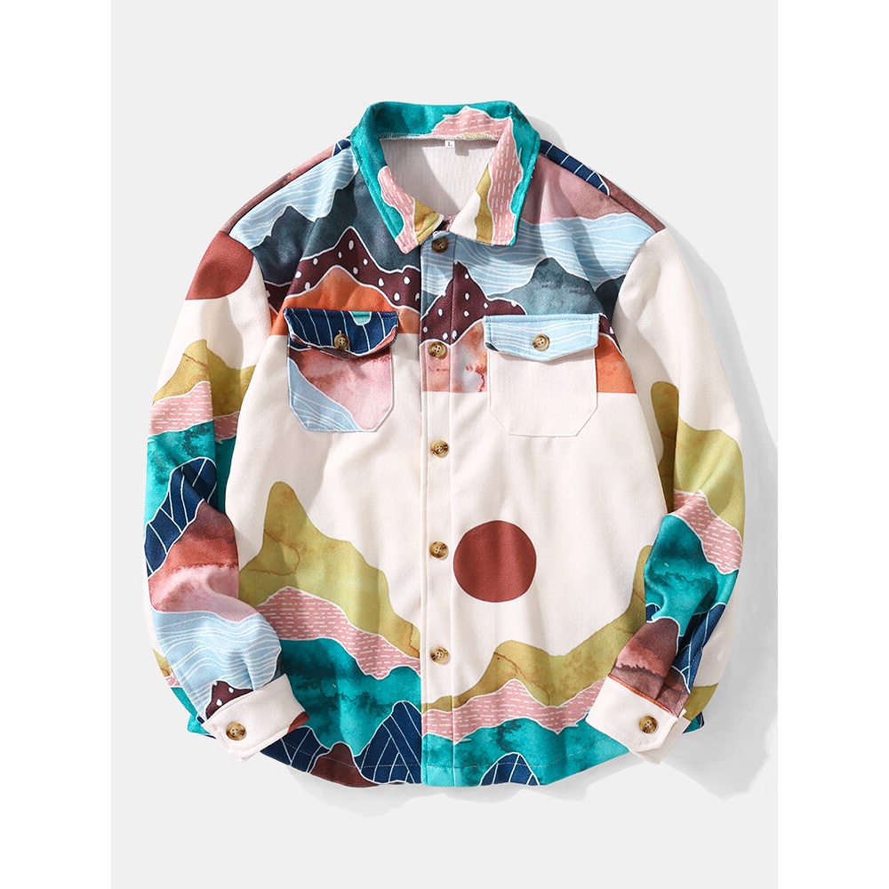 Men Station Printed Patchwork Color Block Pockets Casual Shirts - Colorful L