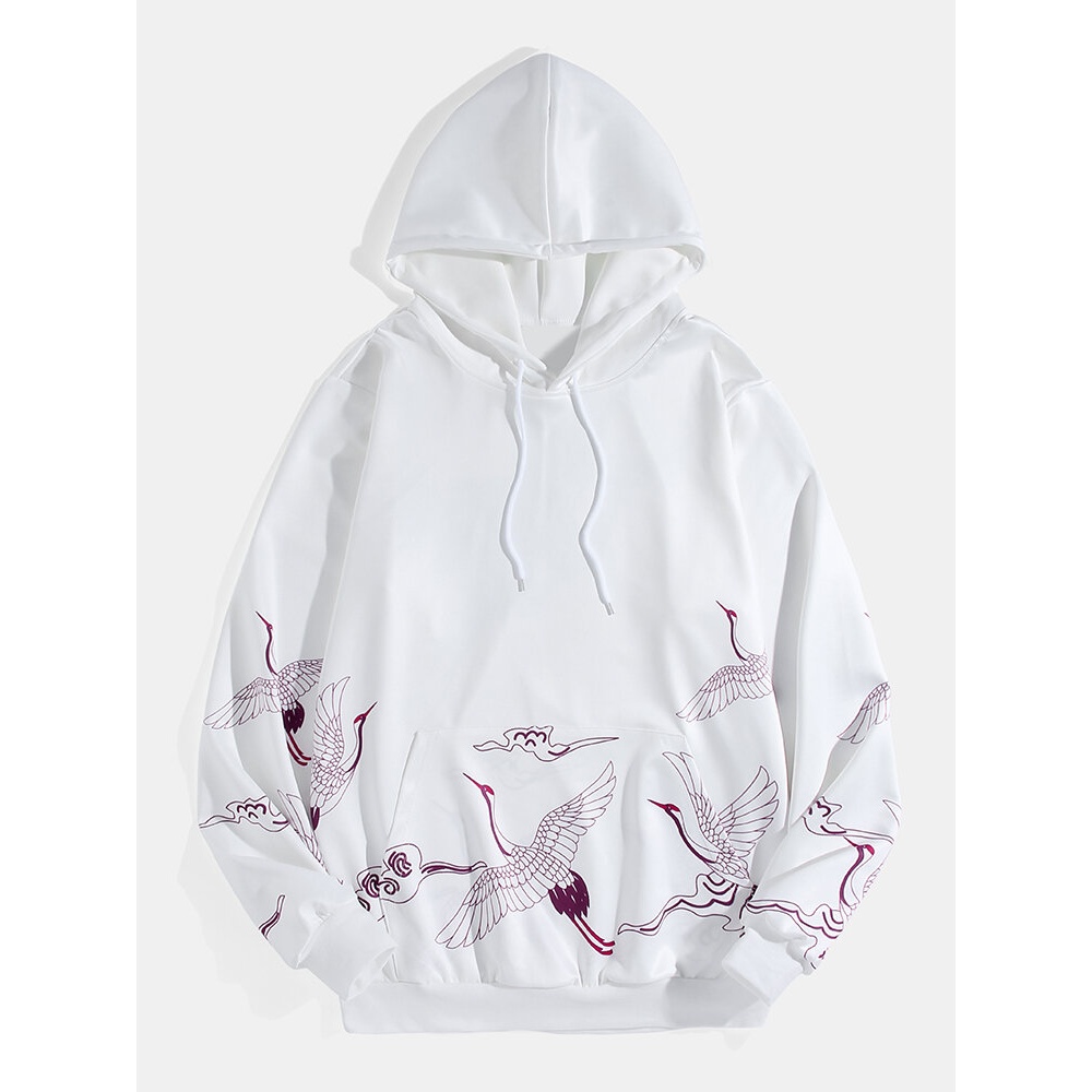 Mens Ethnic Style Crane Print Pocket Long Sleeve White Hoodies - White S
