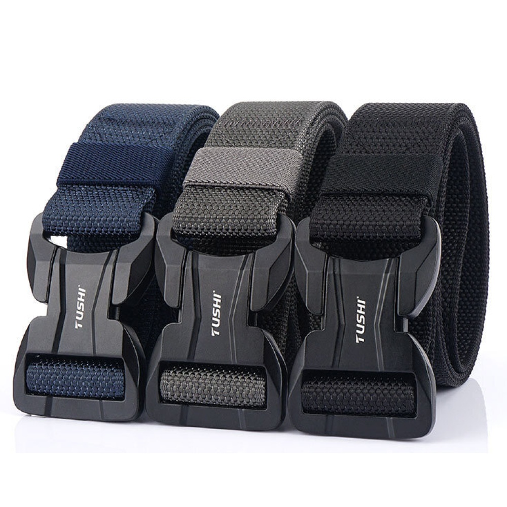 TUSHI 125CM Magnetic Buckle Leisure Canvas Breathable Waist Belt Quick Unlock Belt Men's Elastic Tactical Belt - Black