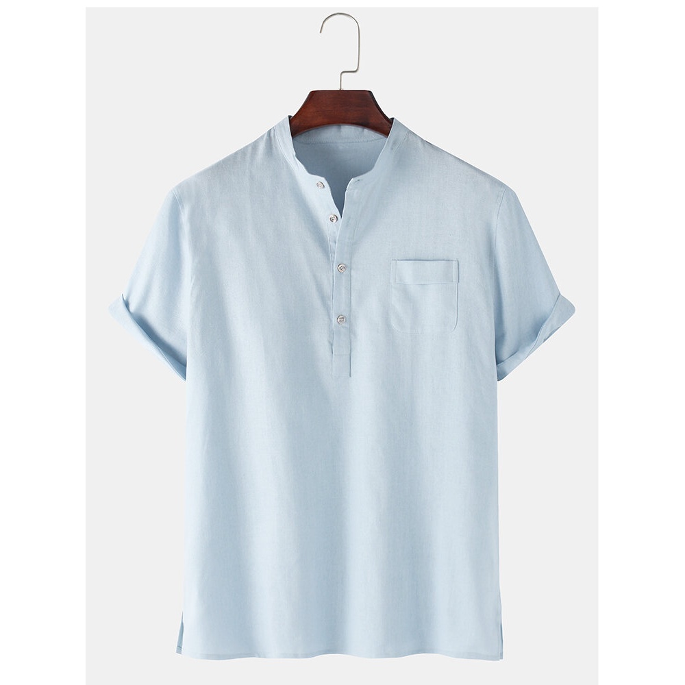 Mens Solid Color Stand Collar Short Sleeve Casual Henley Shirts - White L