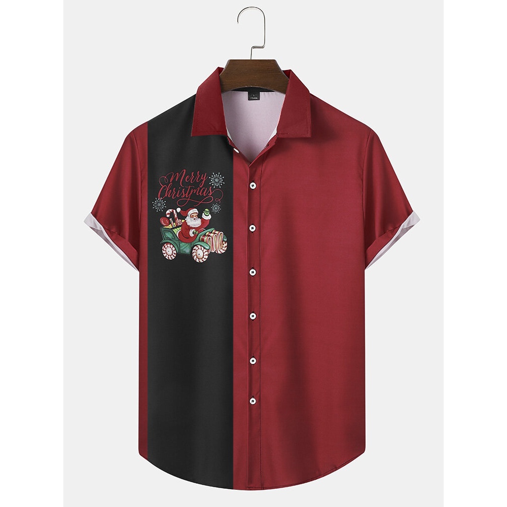 Men  Santa Claus Lapel Contrast Color Collar Short Sleeve Casual Shirts - Red M