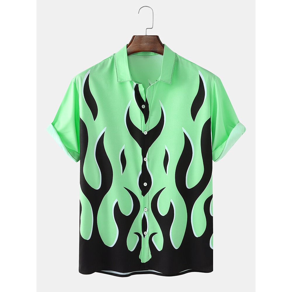 Mens Abstract Flame Print Lapel Short Sleeve Street Shirts - Green M