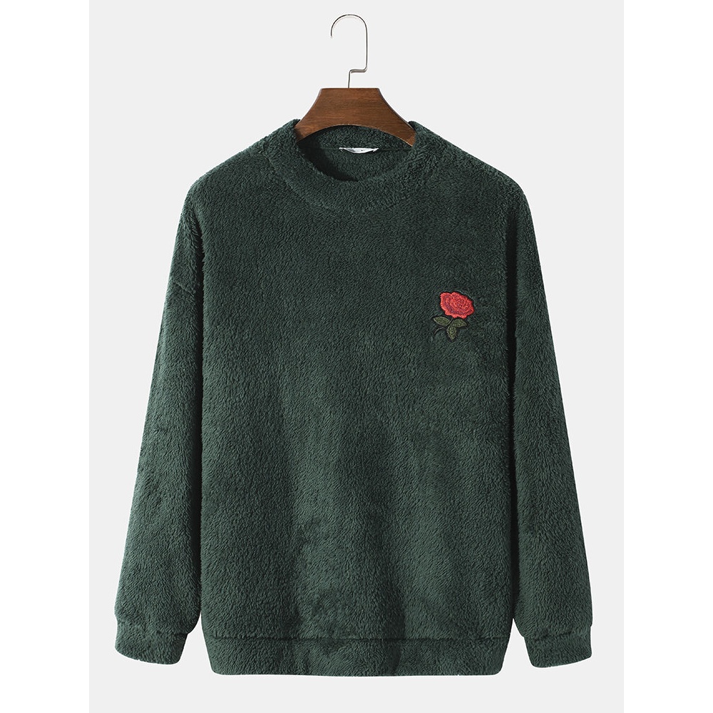 Men Fleece Embroidery Flower pure Solid Pullover Crew Neck Pullover Sweatshirt - Green S