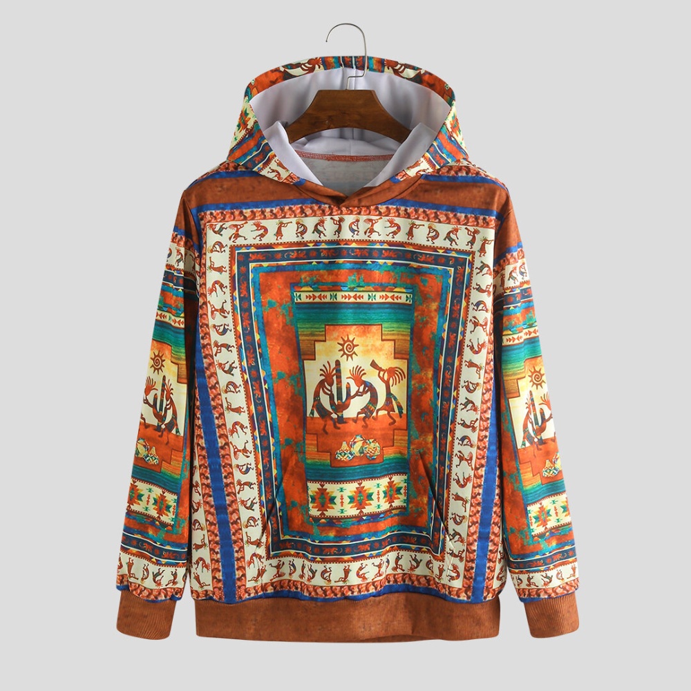Mens Character Ethnic Printed Insert Pocket Hooded - 3XL Orange