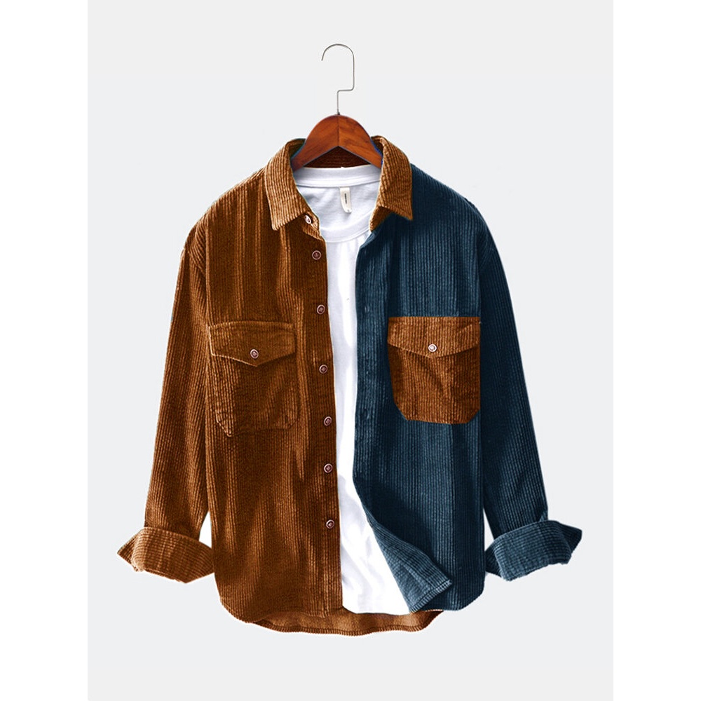 Mens Corduroy Color Block Breathable Big Pocket Warm Long Sleeve Casual Shirts - Black S