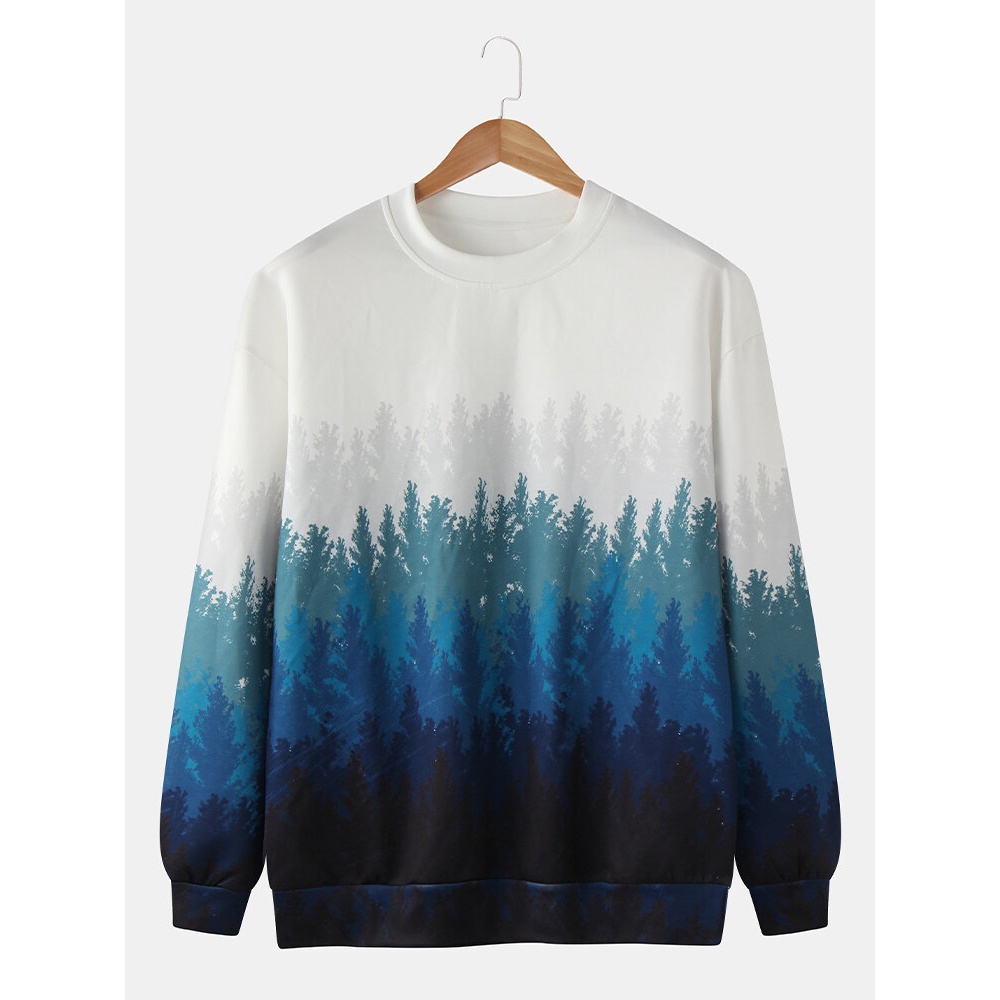 Mens Ombre Forest Landscape Print Pullover White Round Neck Sweatshirts - White 2XL