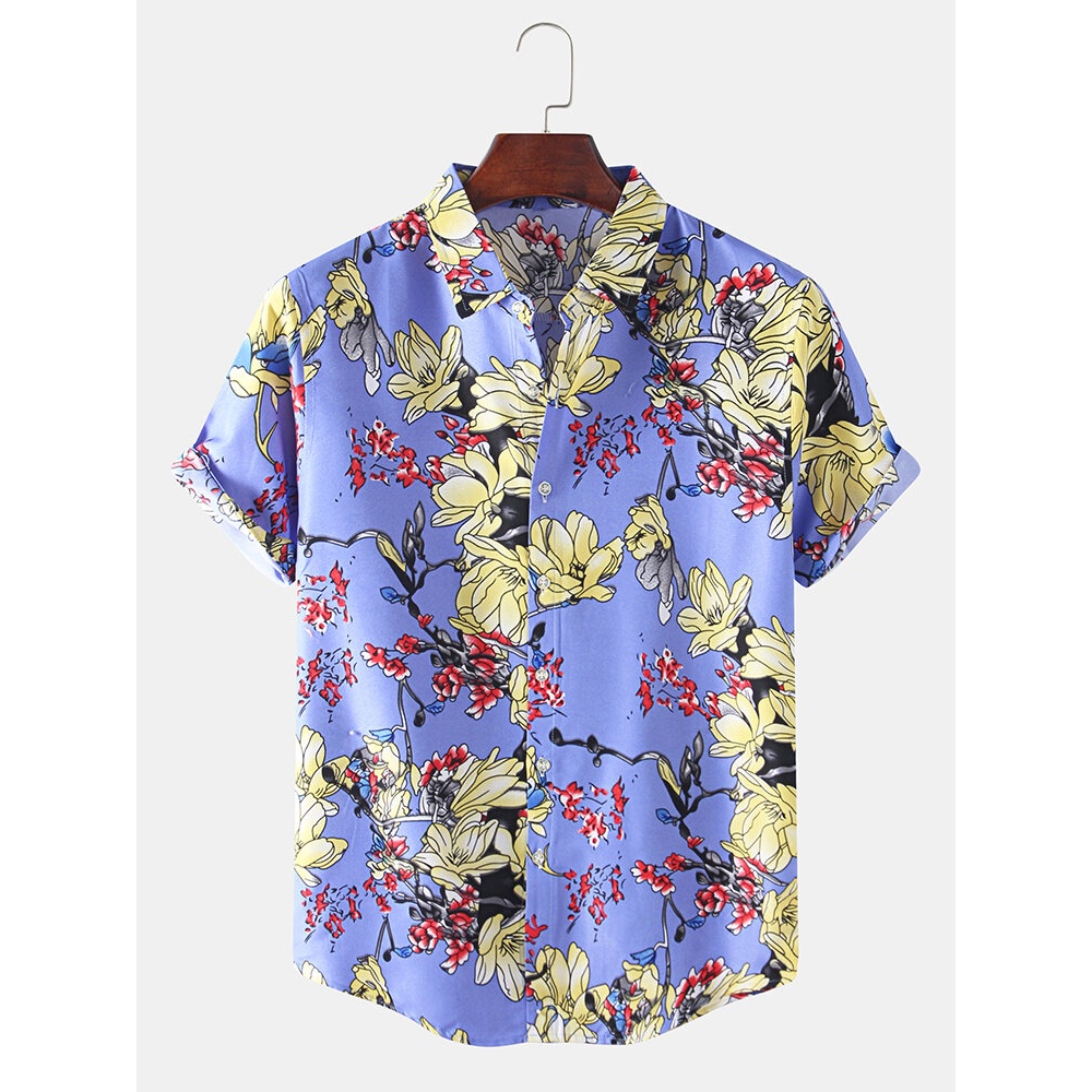 Oriental Floral Print Short Sleeve Button Up Holiday Casual Shirts - Sky Blue L