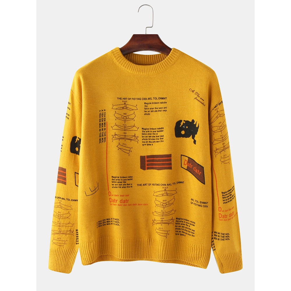 Mens Letter Pattern Print Knit Casual Drop Shoulder Pullover Sweaters - XS White