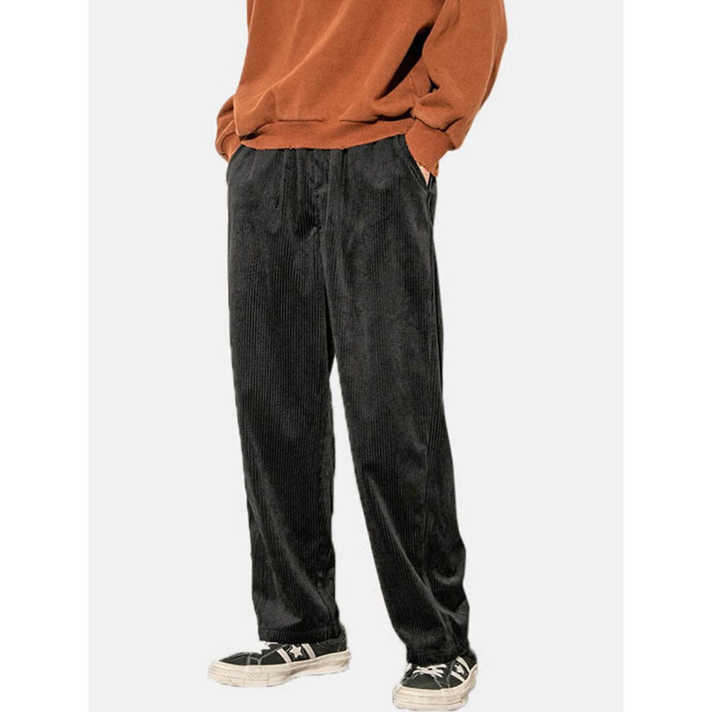 Mens Fashion Corduroy Solid Color Insert Pocket Pants - M Black