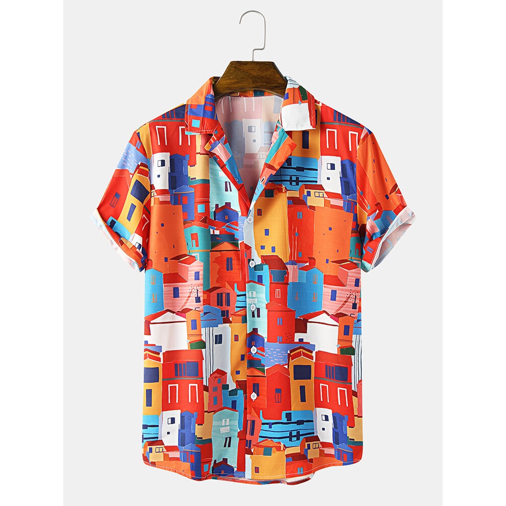 Mens Causal Building Pattern Pocket Short Sleeve Shirts - Red S