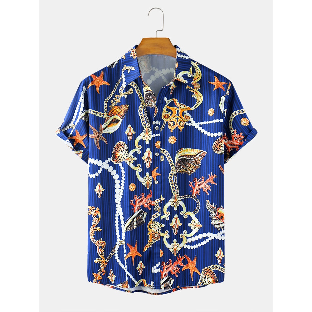 Mens Allover Starfish Print Casual Light Lapel Collar Short Sleeve Shirts - Blue XL