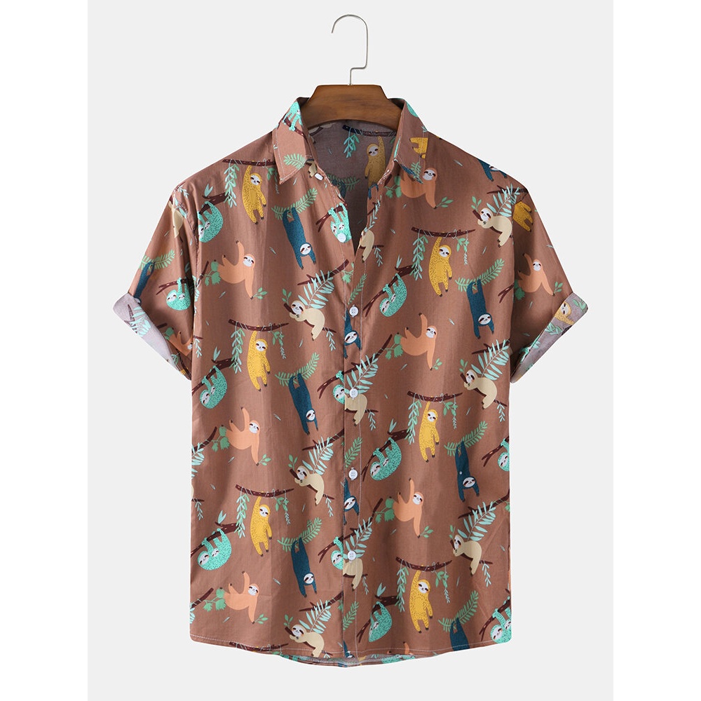 Mens Casual Cotton Lovely Cartoon Sloth Print Short Sleeve Shirts - Brown 3XL