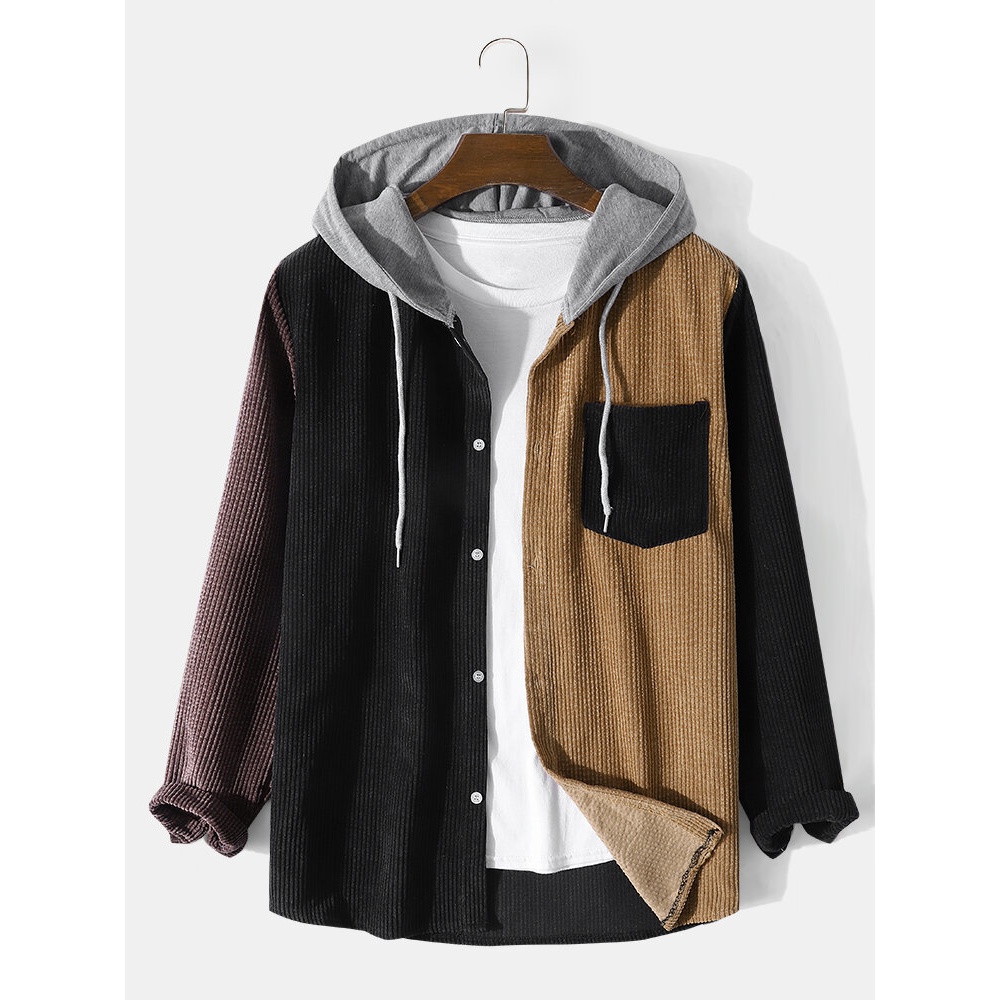 Men Patchwork Color Block Chest Pocket Button Hooded Shirts - Black S