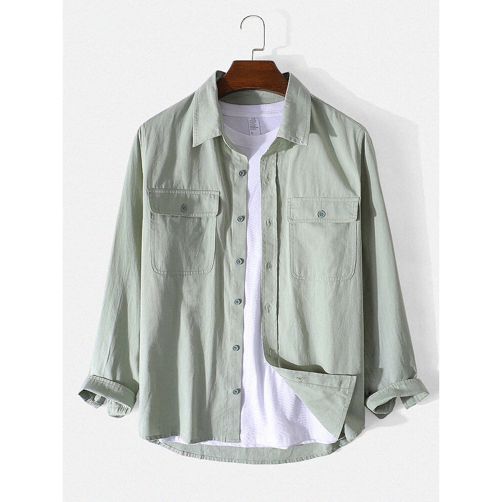 Mens 100% Cotton Lapel Button Up Green Overshirt Casual Shirts - Green S