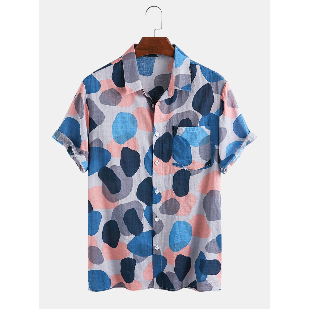 Mens Multi-Color Irregular Polka Dot Camouflage Printed Casual Short Sleeve Shirts - Blue XL