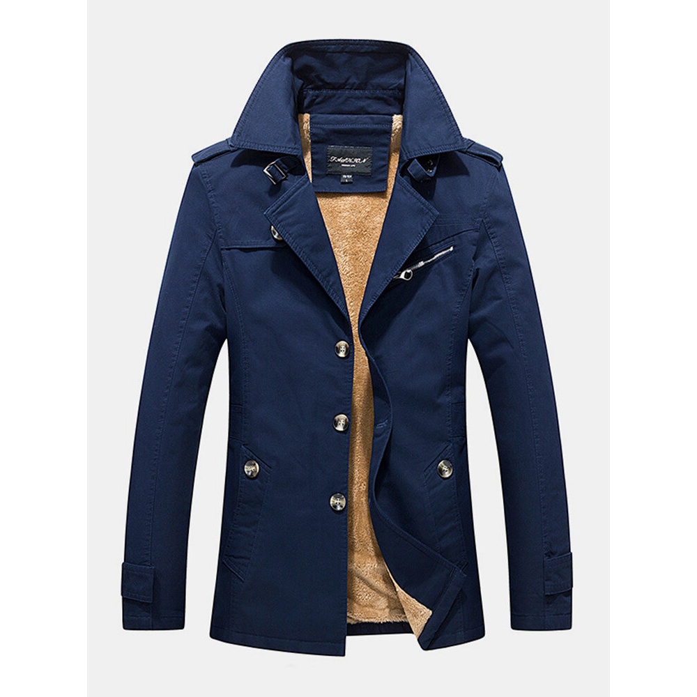 Mens Cotton Thick Plush Lined Button Front Lapel Warm Coats With Pocket - S Khaki