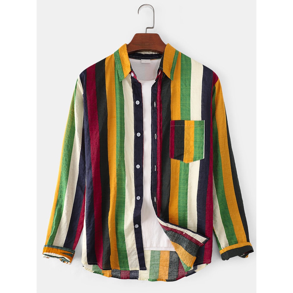 Cotton Colorful Stripe Chest Pocket Mens Long Sleeve Casual Shirts - Colorful 2XL