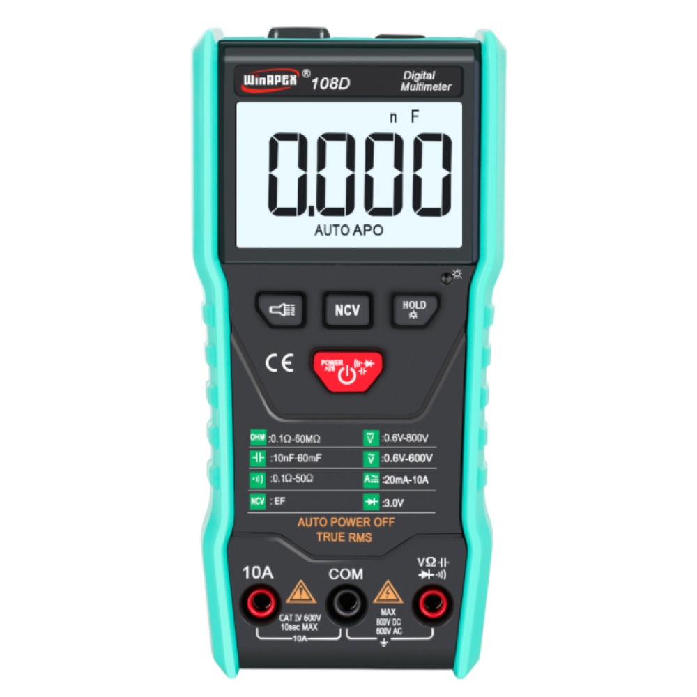 Winapex 108D Digital Multimeter Auto True RMS 5999 Mearuring AC/DC Voltage Current Ohm NCV Capacitance Meter Black body Green protective cov