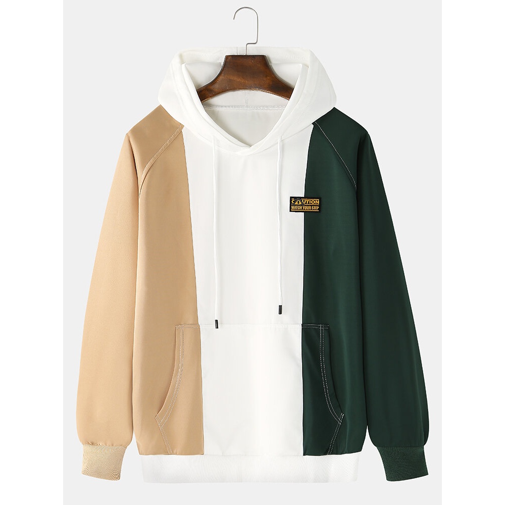 Mens Colorblock Patchwork Logo Raglan Sleeve Relaxed Fit Kangaroo Pocket Drawstring Hoodies - Army Green S