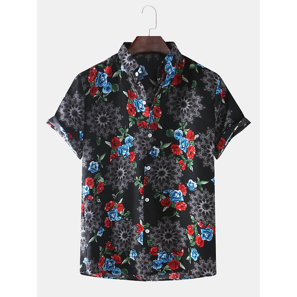 Mens Fashion Rose Floral Printing Cartoon Breathable Funny Casual Shirts - Brown XL
