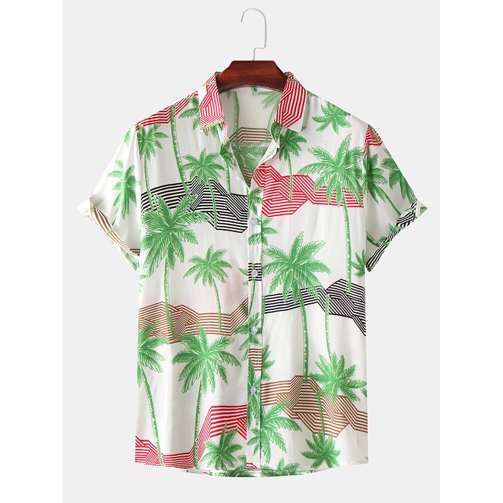 Cotton Coconut Tree Geometric Stripes Short Sleeve Holiday Casual Shirts - White L