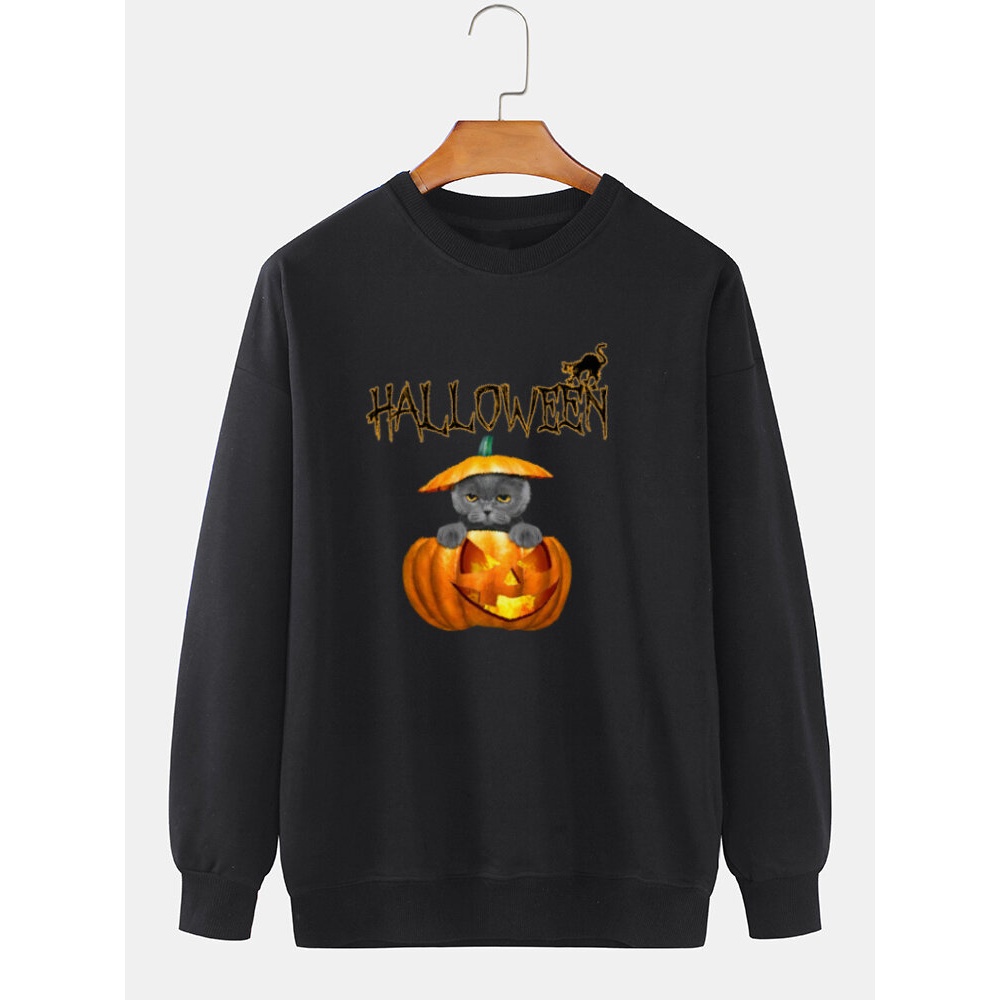 Mens 100% Cotton  Pumpkin & Cat Print Pullover Long Sleeve Cute Cartoon Sweatshirts - Black L