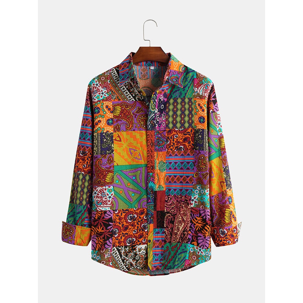 Mens Ethnic Autumn Colorful Printing Long Sleeve Shirts - 2XL As Picture
