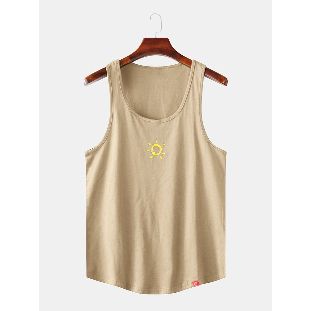 Men Casual Cotton Graffiti Sun Print Solid Color Crew Neck Sleeveless Tank Tops - Dark Grey L