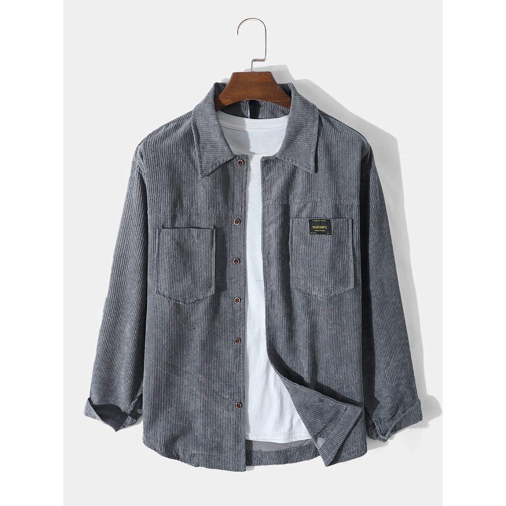 Mens Corduroy Simple New Two Pockets Retro Outer Shirt - Black XL
