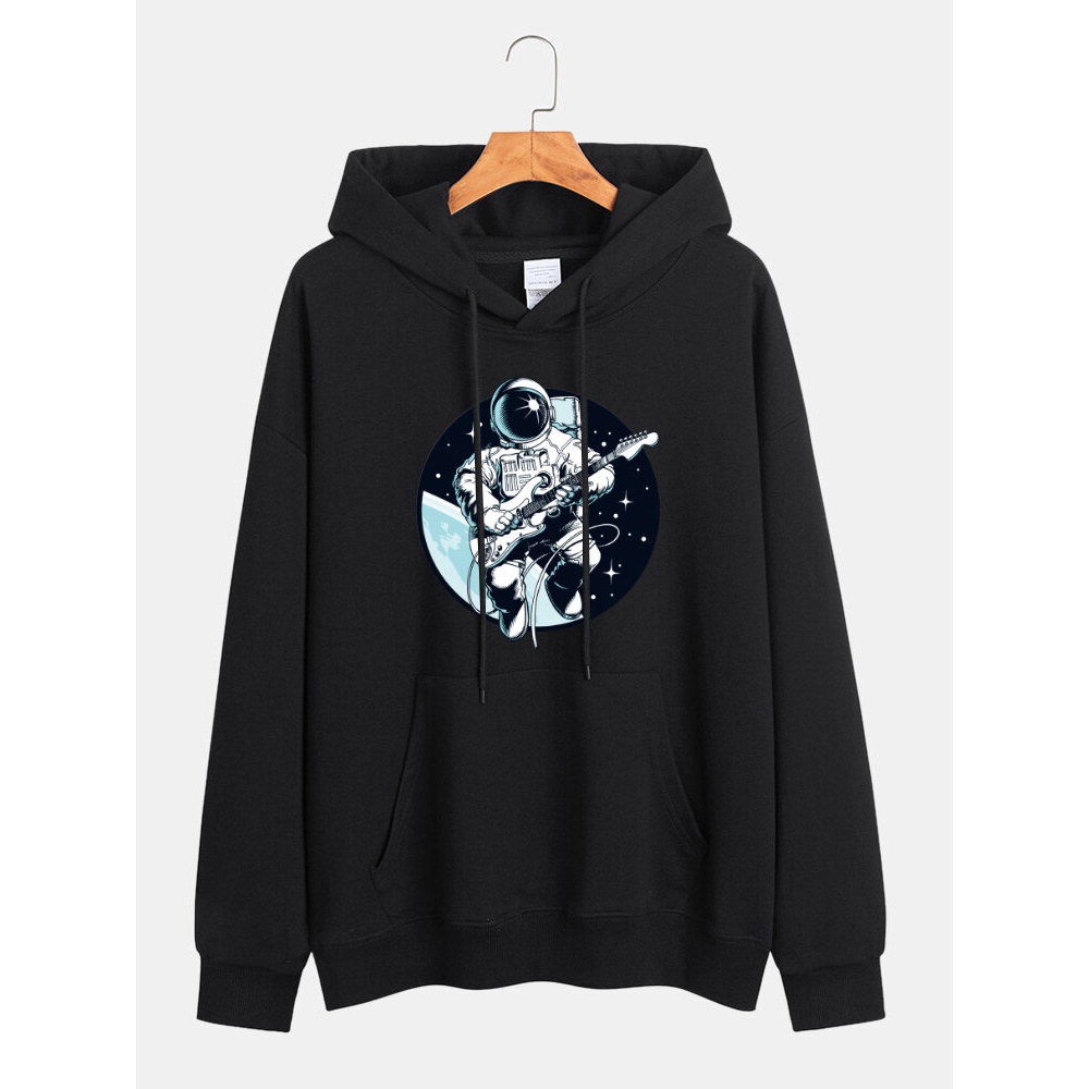 Men Cartoon Astronaut Print Kangaroo Pocket Long Sleeve Casual Hoodies - Black S