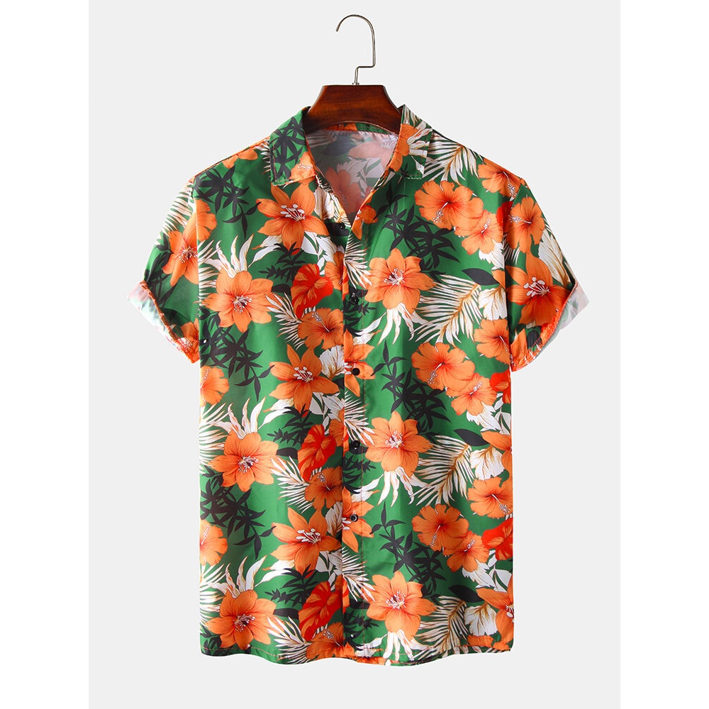 Hawaii Casual Style Floral Print Lapel Collar Short Sleeve Cotton Shirts - Orange M