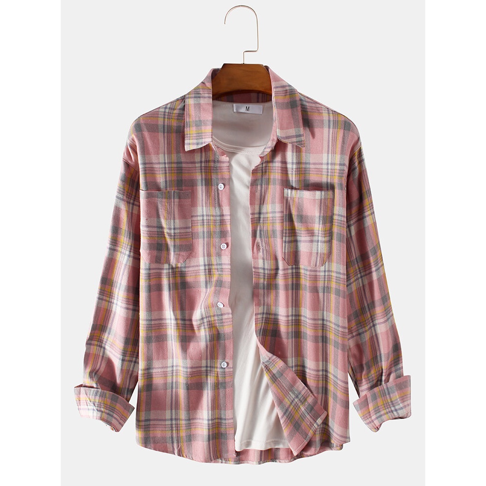 Mens Tide Brand Ins New Long Sleeved Plaid Shirts - 3XL Pink