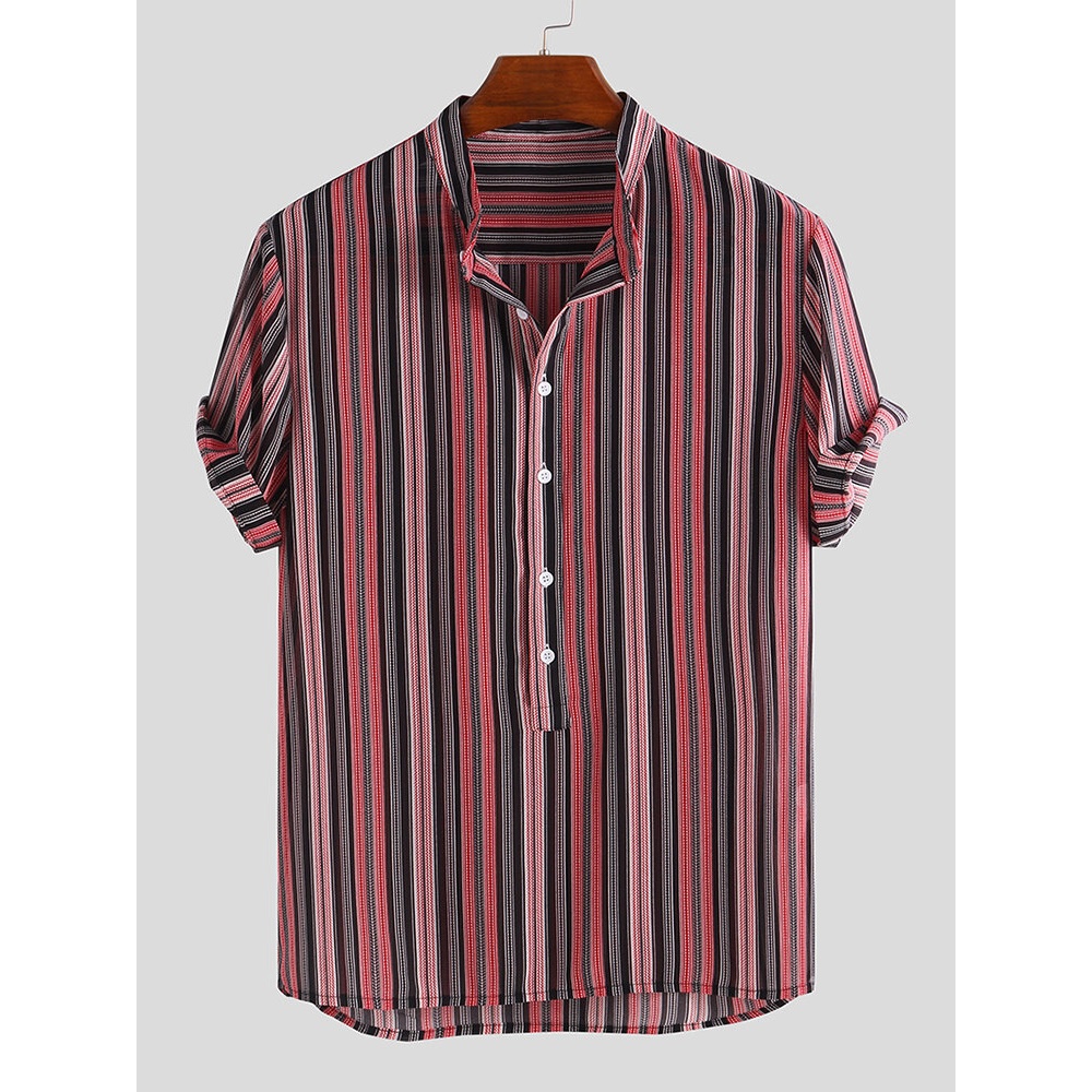 Mens Summer Hit Color Stripe Henley Shirts - M Red