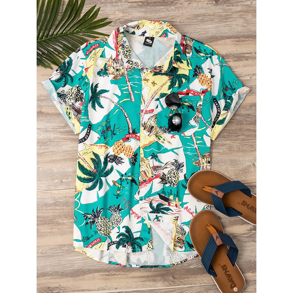 Mens Fashion Tropical Style Printing Breathable Short Sleeve Casual Shirts - White M