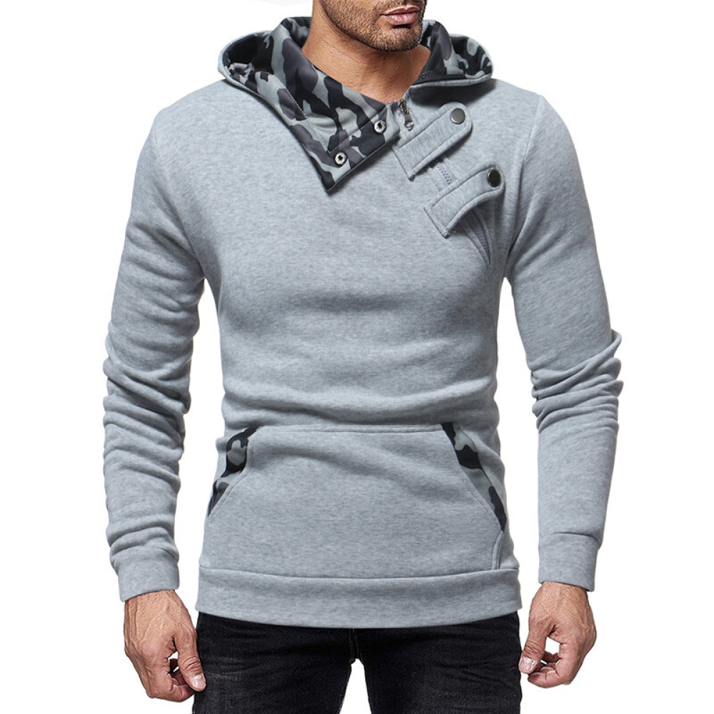 Men's Cotton Hooded Camouflage Bias Buttons Sweatshirt - XS Light Gray