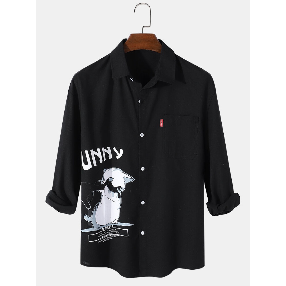 Mens Cartoon Cat Text Print Cotton Lapel Button Up Long Sleeve Shirts With Pocket - Black M
